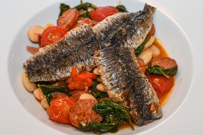 Grilled Sardines with Butter Bean and Chorizo Stew