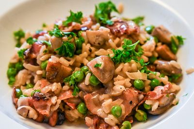 Risotto with Pancetta, Mushrooms and Peas.