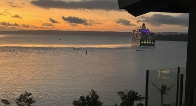 Queen Elizabeth departing Port Vila, Vanuatu, from Iririki Resort