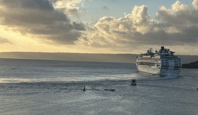 Pacific Explorer departing Port Vila, Vanuatu, from Iririki Resort