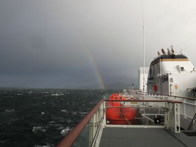 Rainbow and choppy seas from the Havila Capella