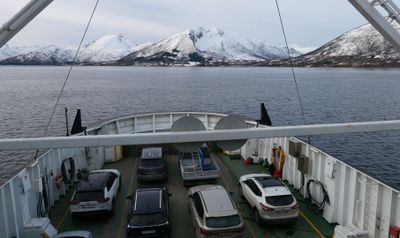 Ferry across Gullesfjord; People, cars, trucks, and buses