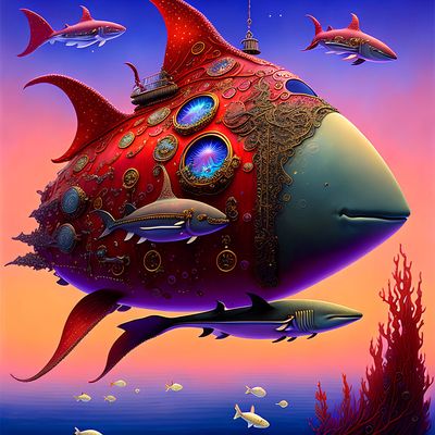 Red Steampunk Submarine With Sharks