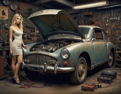 Woman Repairing Old Car