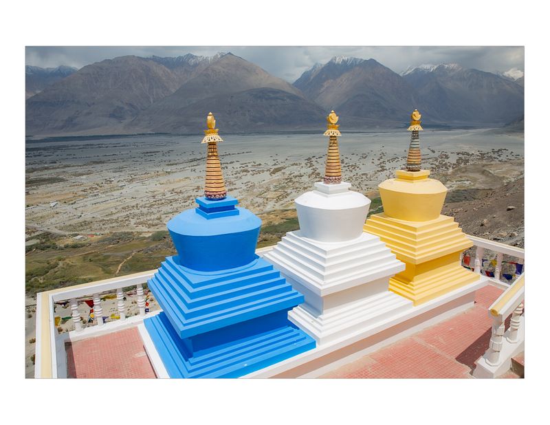 Three Stupas at Diskit Monastery