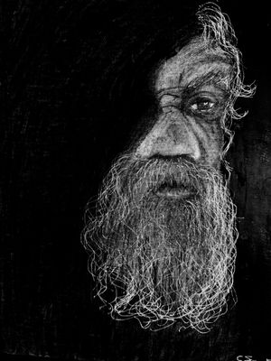 Mudda Mudda.  Charcoal on black canvas