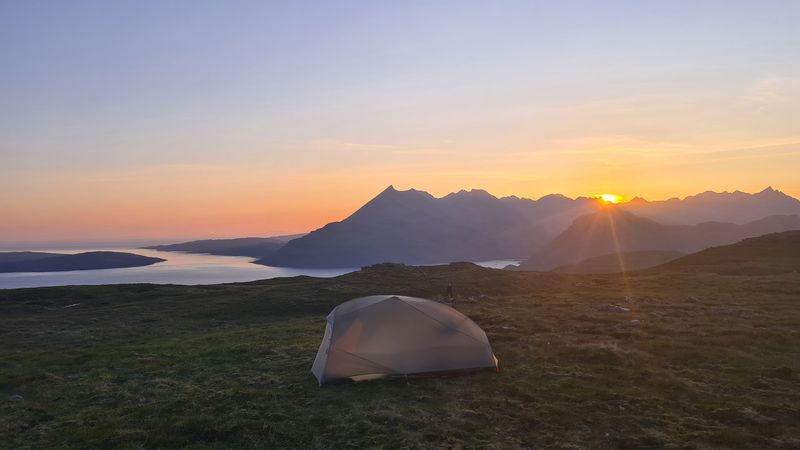 May 23 Camp on Skye looking to Cuillen hills and Soay island