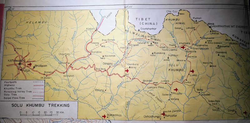 Nepal map showing Katmandu, Jiri and Everest region