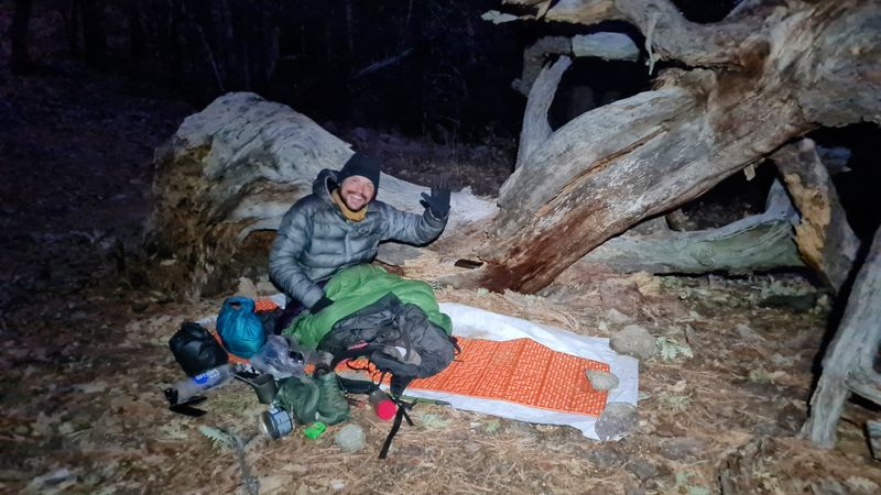 Last night and Survivorman 'cowboy camping' as he had done every night - but this one was really cold and windy!