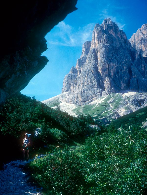 Dolomites Martina descending from backpack trip