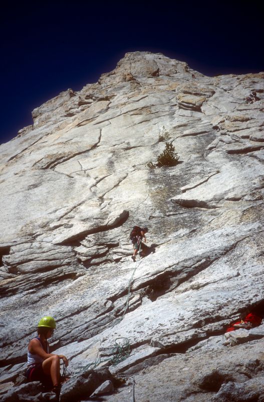 Tuolumne Cathedral Peak climbing Martina belaying Steve