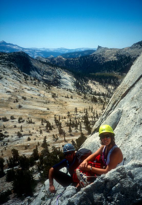 Tuolumne Cathedral Peak climbing belay Martina Steve