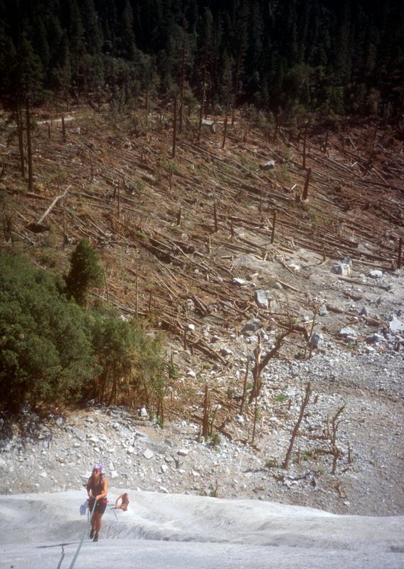 Yosemite Glacier Point Apron Martina abseiling - recent rockfall damage evident below