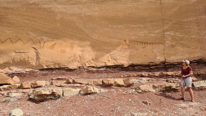 A panel of cool 'mustard' and red pictographs