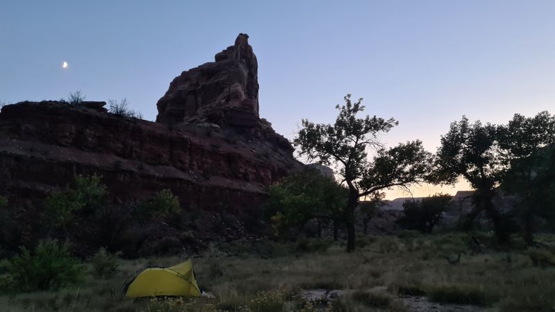 Camp at the mouth of Good Water Canyon in moonlight