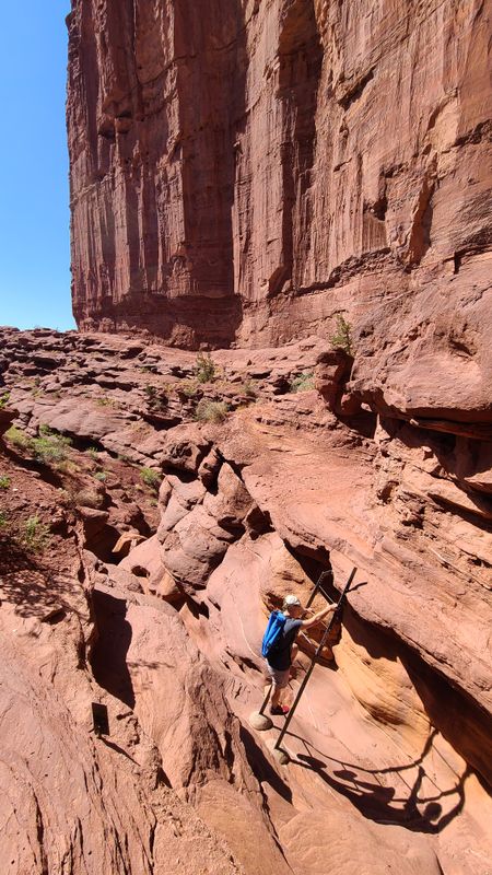 Fisher Towers, ladder to assist crossing a rocky gully