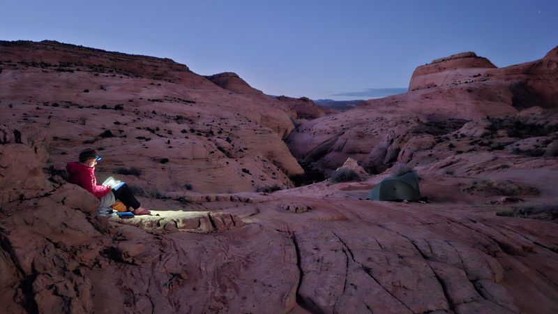 Oct 25 Spencer Canyon area Martina by tent at night
