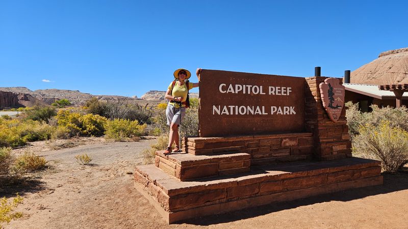 Capitol Reef Day 1 Martina at the park boundary ready to hitch to our start point near Pleasant Creek
