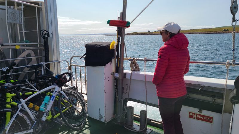 Jul 25 Orkney, Martina on ferry to Sanday
