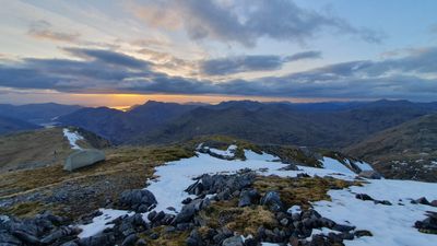 Apr 23 Sgurr a' Mhaoraich  camp near sunset looking out to Knoydart and west coast
