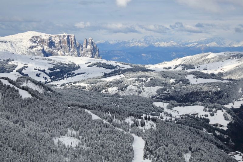 View of Alpe di Siusi from Dantercepies, in unseasonal snow