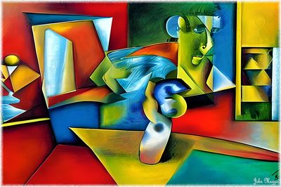 Man holding woman in Cubism