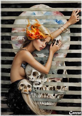 Lady with fiery hair embracing skeleton heads