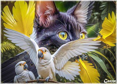 Parrots and a Cat
