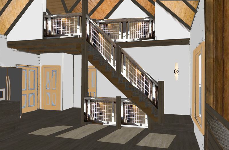 12-24 pine ceiling with dark rafters - board and batten fireplace