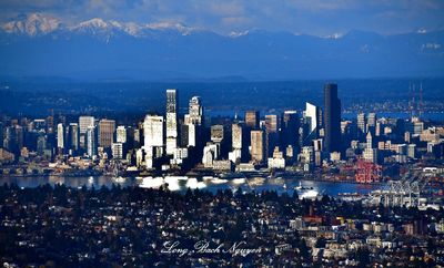 Late Afternoon Light on Downtown Seattle and Elliott Bay, West Seattle Admiral District, Three Fingers and Mt Shuksan 