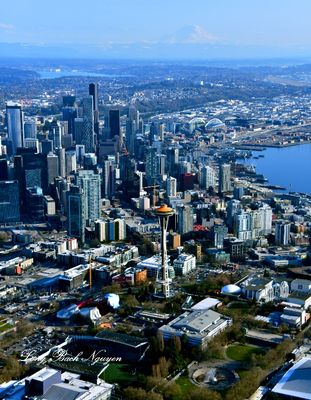 Early Evening Light on Space Needle, Pacific Science Center, International Fountain, Downtown Seattle, Elliott Bay, Stadiums 