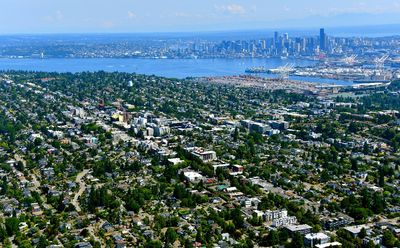 West Seattle Junction, California Ave, SW Alaska St, Holy Rosary Catholic Church, Harbor Island, Elliott Bay,  