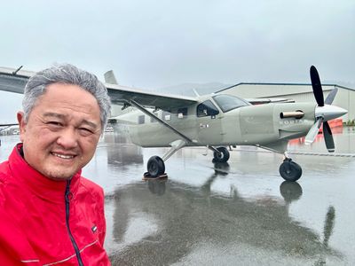 Ode Kodi Kodiak 100 and me on wet and windy Ketchikan Airport Alaska 
