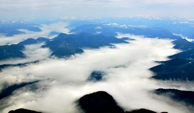 Morning Fog in Taalts Creek valley, Snowdrift Mountain, Finger Mountain, Cheetwoot Glacier, Seymour Inlet, Coast Mountains, BC, 