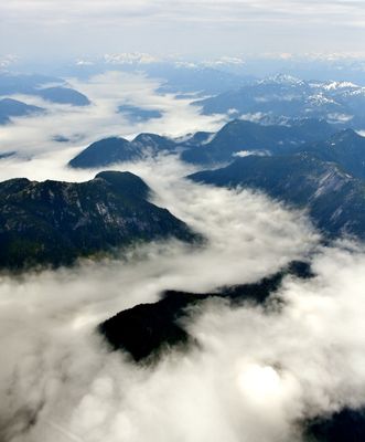 Morning Fog on Rapid Cone,   Snowdrift Mountain, Finger Mountain, Cheetwoot Glacier, Seymour Inlet, Coast Mountains, BC, Canada 