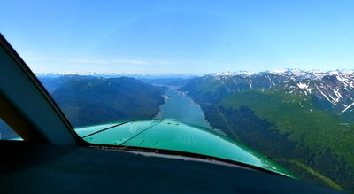 Kodi Bear Kodiak 100 flying Gastineau Channel, Douglas Island on left, Hawthorne Peak, Roberts Peak, Gastineau Peak, Juneau, Mt 