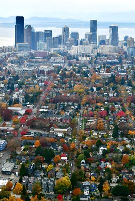 Fall Colors over Central District and Cherry Hill neighborhoods and Downtonw Seattle, Puget Sound, Bainbridge Island, Washington