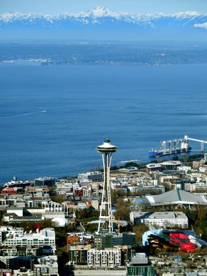 Space Needle, Pacific Science Center, Puget Sound, Bainbridge Island, The Brothers, Olympic Mountains, Washington 015