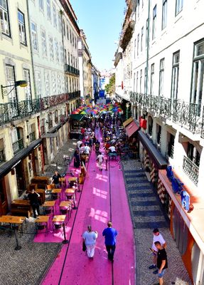 Overhead view of Pink Street, Lisbon, Portugal 130