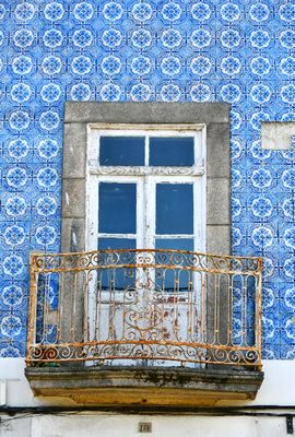 Tile Building with Rusty Balcony and White Door, Porto Portugal 443