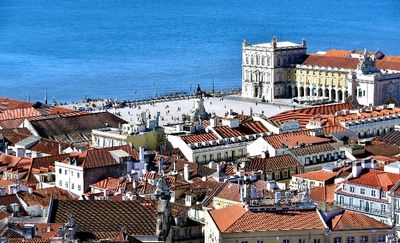 Praça do Comércio, Cais das Colunas, Edifício dos Ministérios e Torreão Ocidental, Baía do Peixe - Praça do Comércio, Tagus Bay,