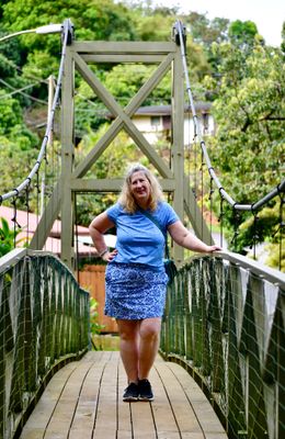 Katherine on Kapaia Swinging Bridge, Hanama'ulu Stream, Lihue, Kauai, Hawaii 354  
