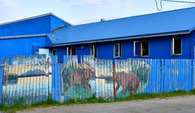 Mural on blue fence in Bethel Alaska 033