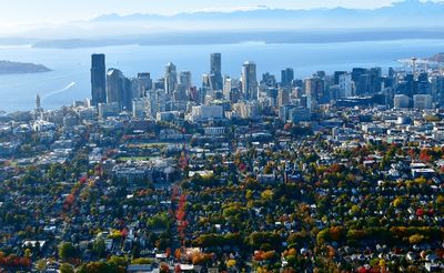 Central District and Capitol Hill with Autumn Foliage, Seattle Skyline, Smith Tower, Space Needle, Duwamish Head, Puget Sound