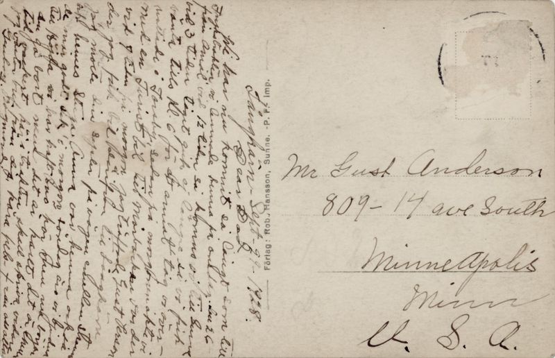 80) postcard from Gunborg to Gust Anderson from trip to Sweden with Ray.