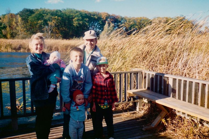 388) Rosie, with Mollie, Matt with his brother Jimmy, Grandpa Ray, and Benny at the Arboretum.