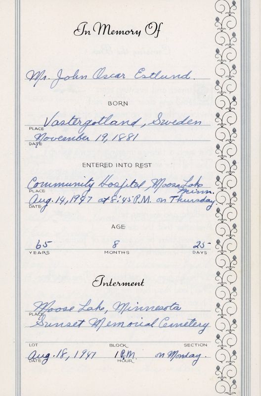 192) Funeral guestbook of John Oscar Estlund