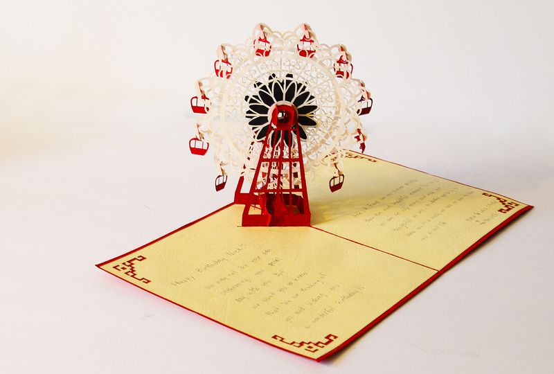 12 Hand Carved Folding Birthday Card from VietNam...a Moving Ferris Wheel