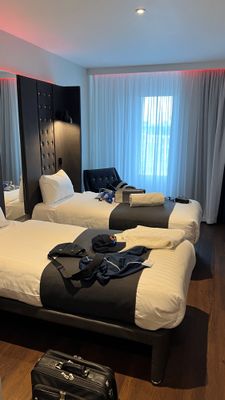 A very small room, but very quiet and dark with blackout curtains