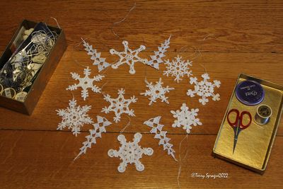 crocheted snowflakes and icicles